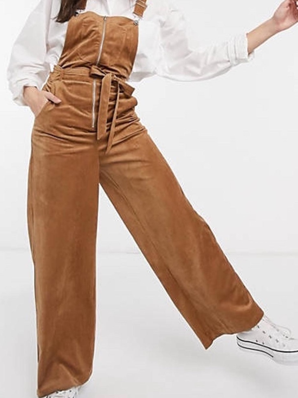 ASOS 10 Brown Corduroy Strap Jumpsuit with Tie Waist Wide Leg